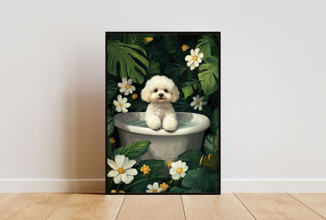 Bichon Frise Bath Time In Tropical Floral Tub Cute Dog Poster