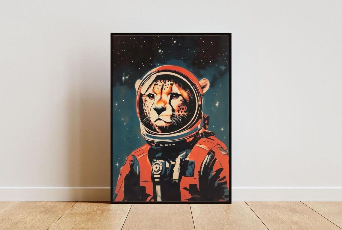 Cheetah Astronaut Retro Orange Space Suit Stars Wildcat Portrait Poster