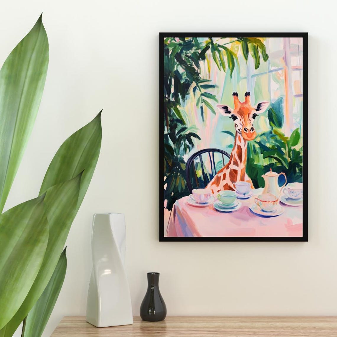 Giraffe at Tea Table Whimsical Safari Animal Painting Portrait Poster - Image 2