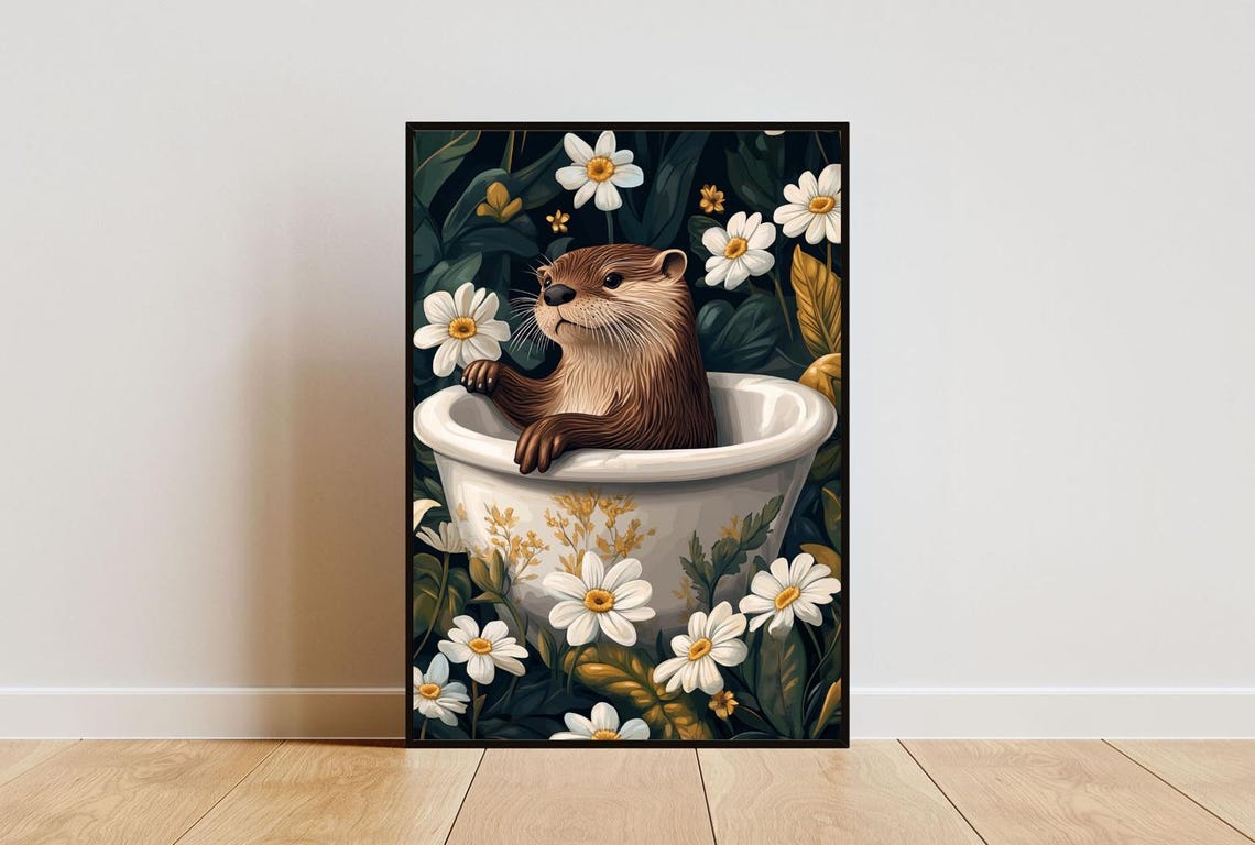 Otter Bathtub Daisy Botanical Dark Art Funny Animal Vintage Poster
