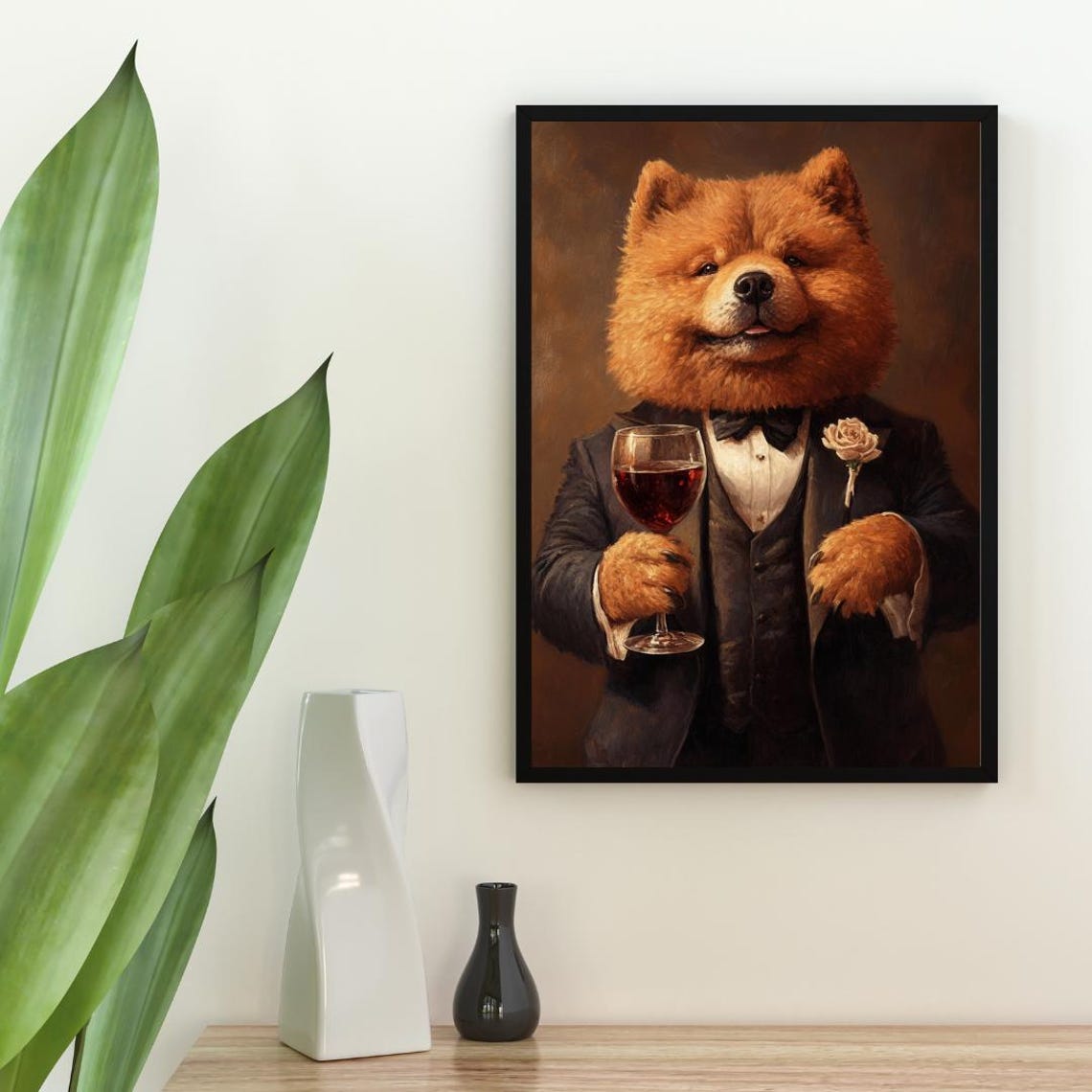 Chow Chow In Tuxedo Holding Red Wine Glass Fluffy Dog Portrait Poster - Image 2