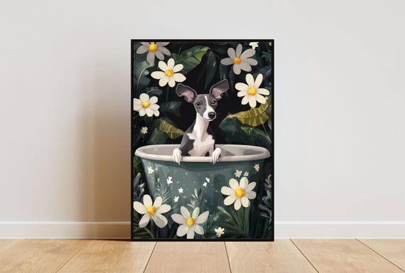 Italian Greyhound In Bathtub Poster Funny Dog Poster Greyhound Bathroom Print Greyhound Bath Poster Pet Poster Dog Bathroom Wall Art