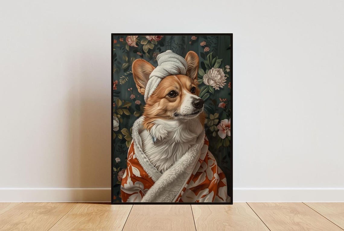 Cute Welsh Corgi Dog in Bathrobe Fun Bathroom Spa Day Art Poster