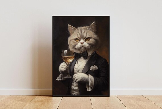 Exotic Shorthair Cat In Tuxedo Holding White Wine Bow Tie Portrait Poster