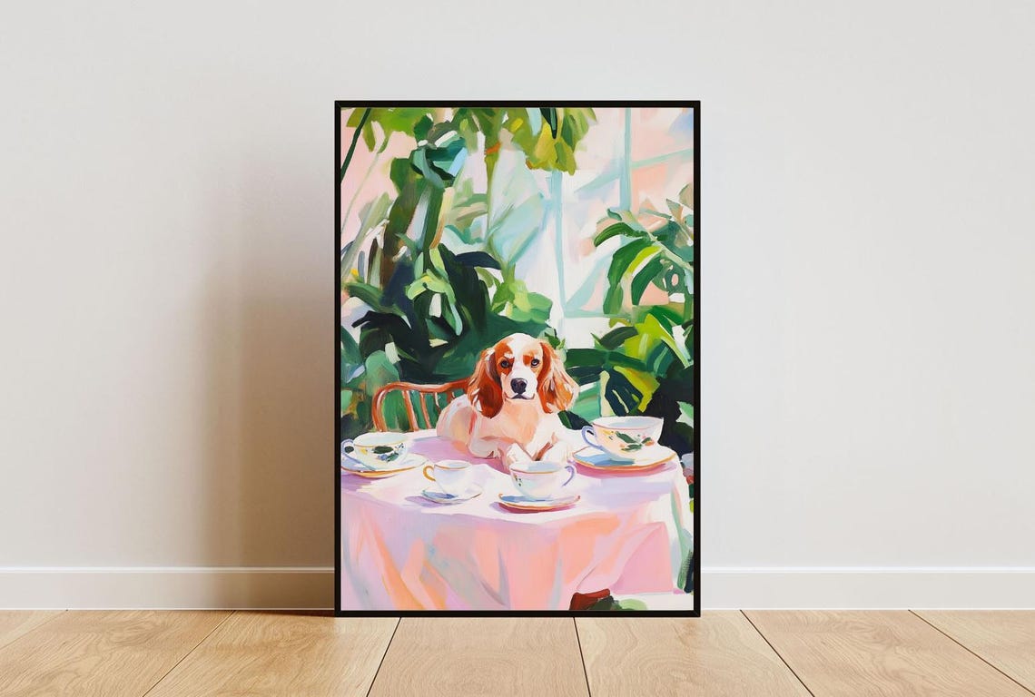 Brittany Spaniel Dog Garden Tea Party Pastel Oil Painting Poster