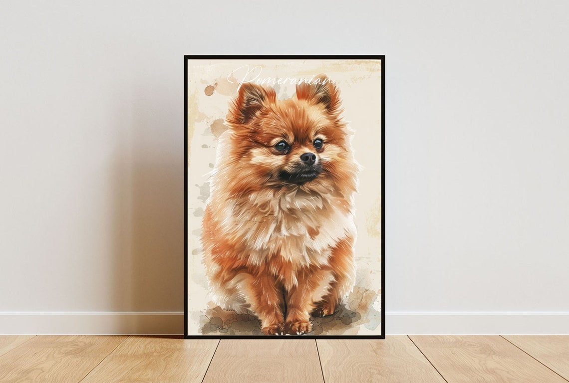 Pomeranian Watercolor Dog Breed Portrait Poster Script Name Detail