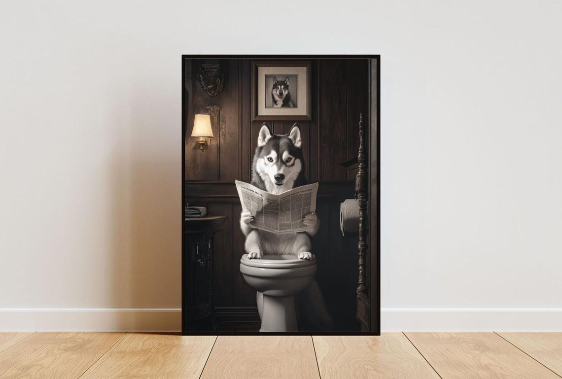 Husky on Toilet Dog Bathroom Art Print