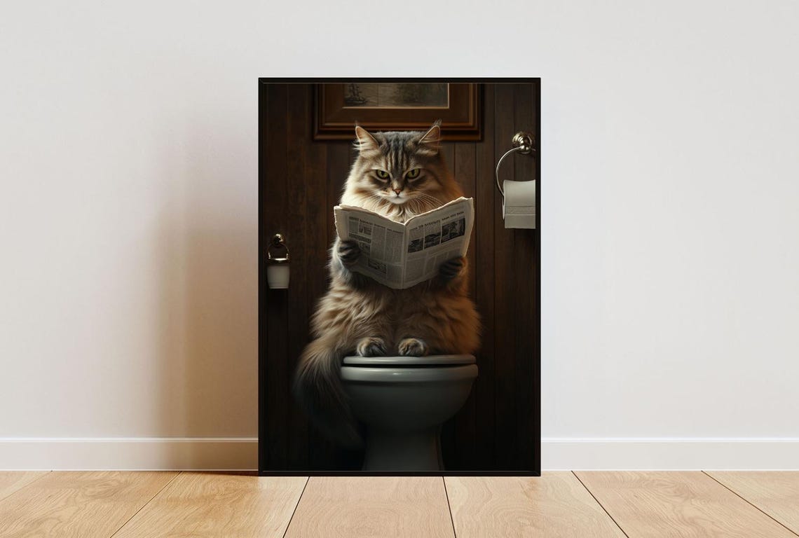 Siberian Cat on a Toilet Reading a Newspaper in a Bathroom Poster