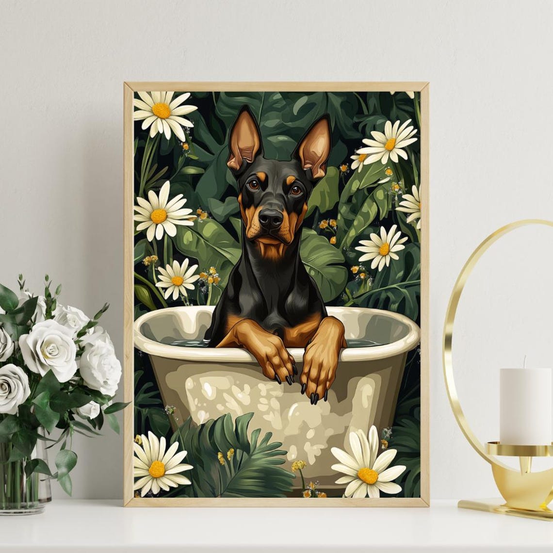 Doberman Pinscher in Bathtub Black Dog Bathroom Daisy Floral Poster - Image 3