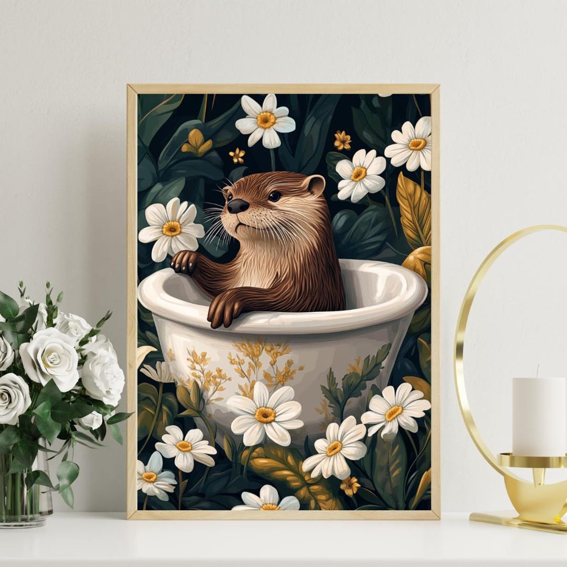 Otter Bathtub Daisy Botanical Dark Art Funny Animal Vintage Poster - Image 3