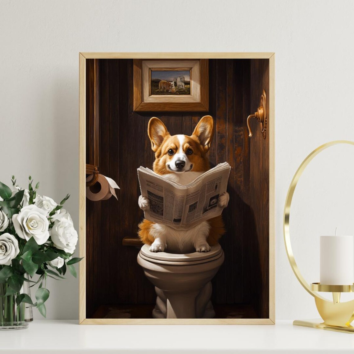 Cardigan Welsh Corgi On Toilet, Dog Bathroom Art Print - Image 3