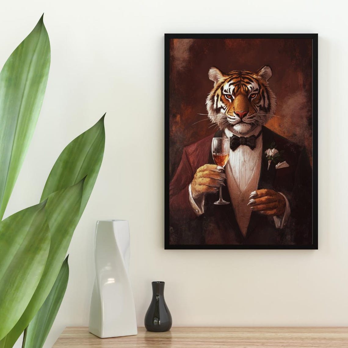 Tiger in Tuxedo Holding Champagne Vintage Oil Painting Animal Poster - Image 2