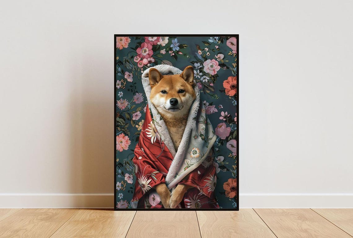Shiba Inu In Red Bathrobe Spa Day Portrait Funny Dog Wall Poster