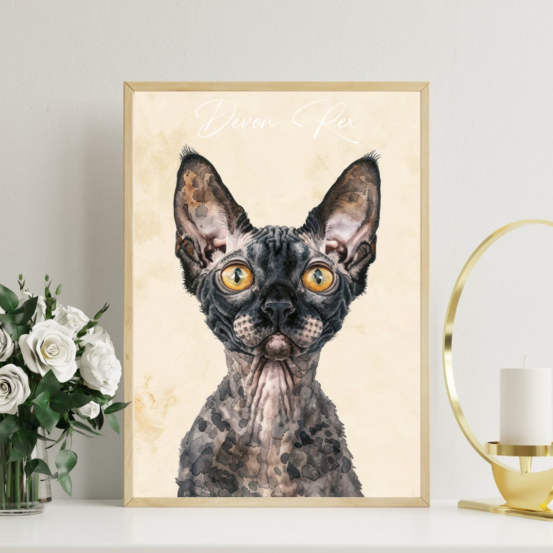 Devon Rex Cat Watercolor Portrait Poster with Soft Cream Art - Image 3