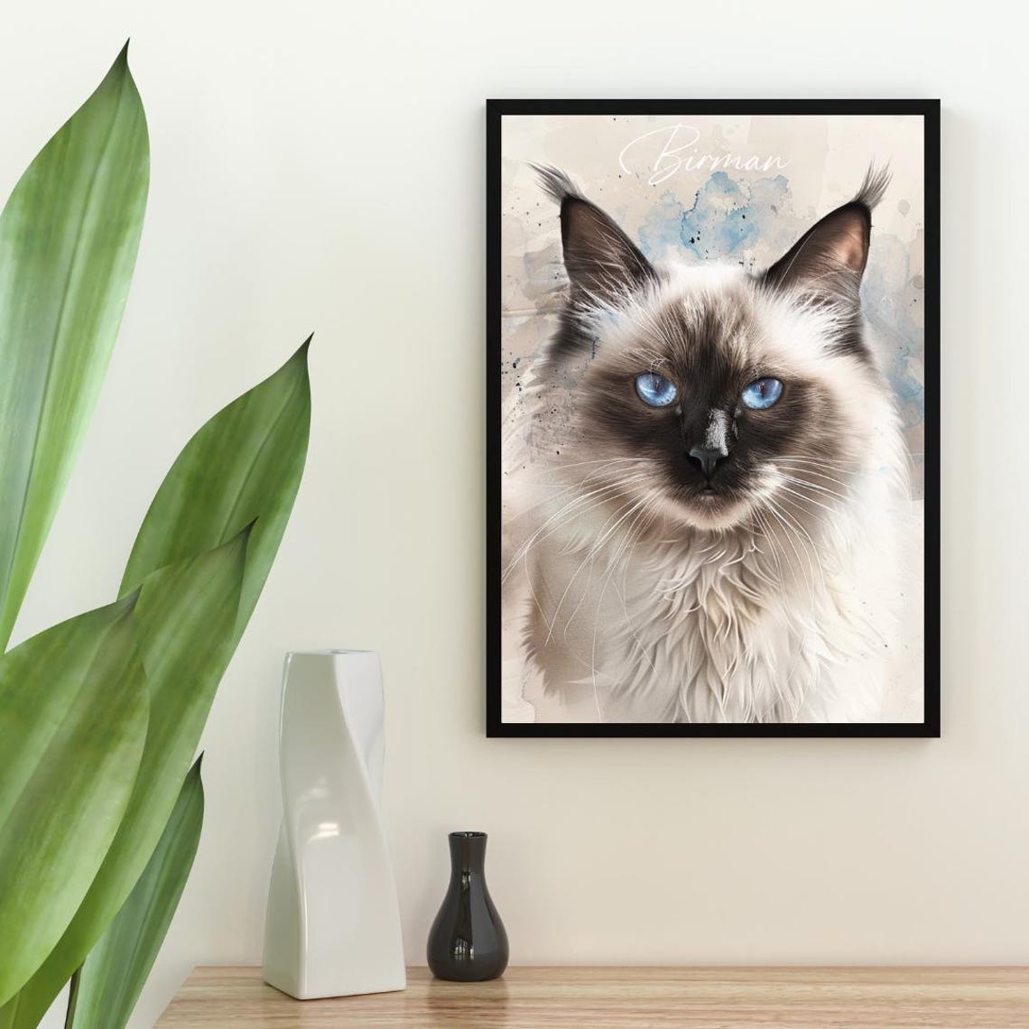 Birman Cat Watercolor Portrait Blue Eyes Elegant Fine Art Poster - Image 2