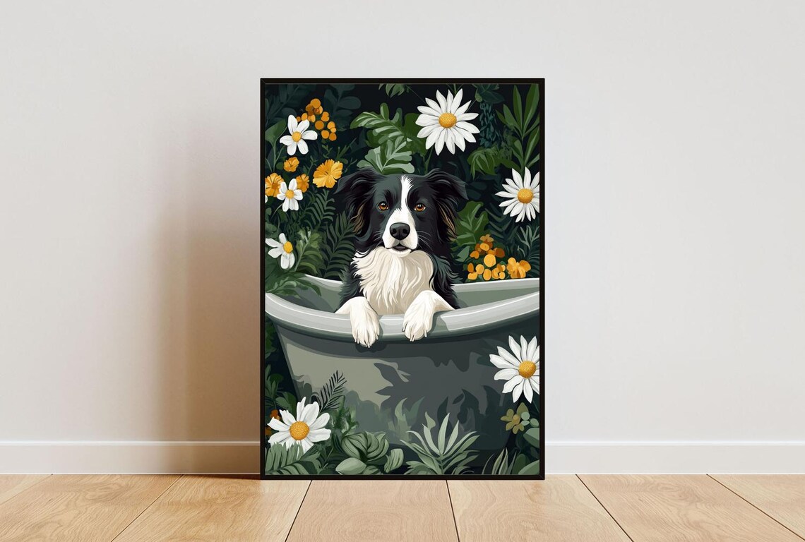 Border Collie in Bathtub Funny Bathroom Art Print
