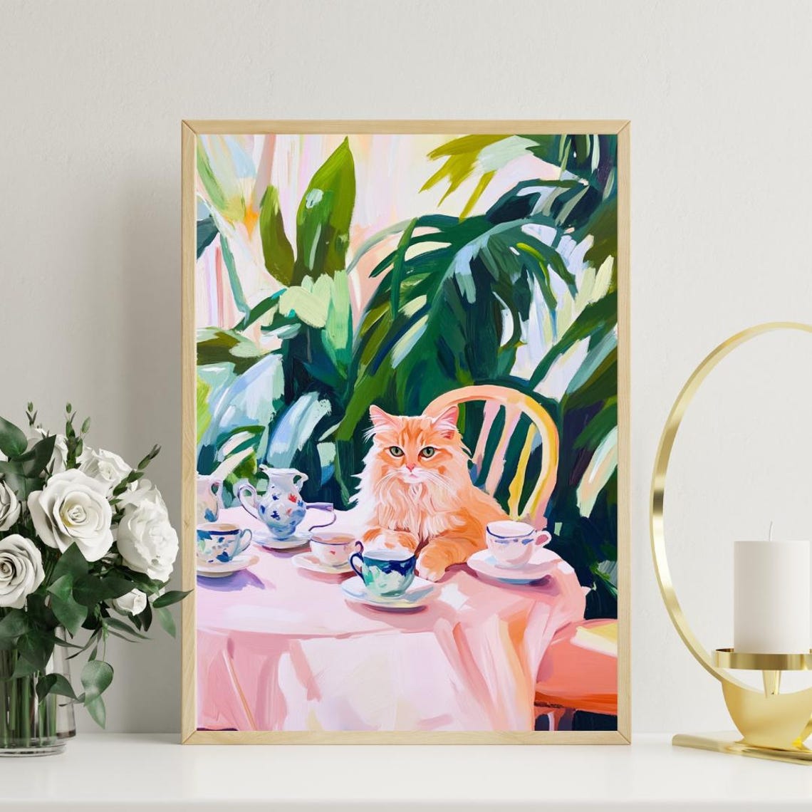 Fluffy Orange Cat at Tea Table Whimsical Pet Painting Portrait Poster - Image 3