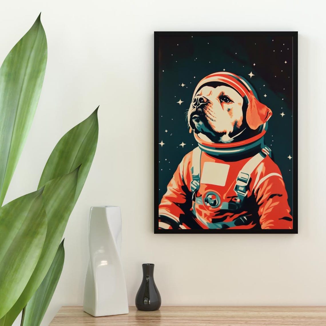 Puppy Dog Astronaut Vintage Retro Starry Space Portrait Poster - Image 2