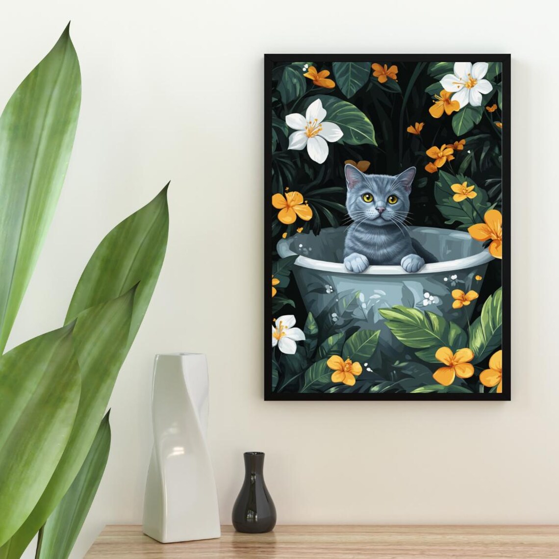 Russian Blue Cat in Bathtub Botanical Poster Funny Bathroom Decor Piece - Image 2