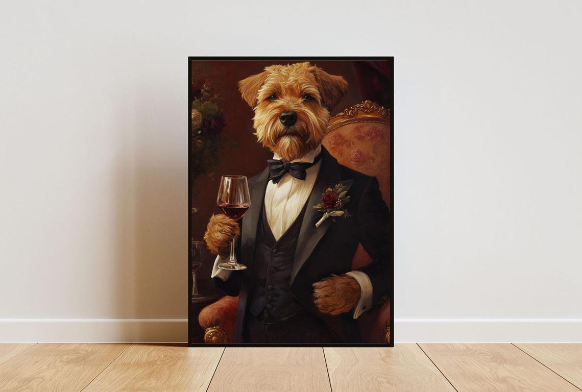 Soft Coated Wheaten Terrier In Tuxedo Holding Red Wine Portrait Poster
