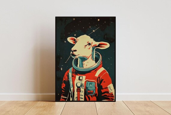 Sheep Astronaut Retro Red Space Suit Stars Woolly Explorer Portrait Poster