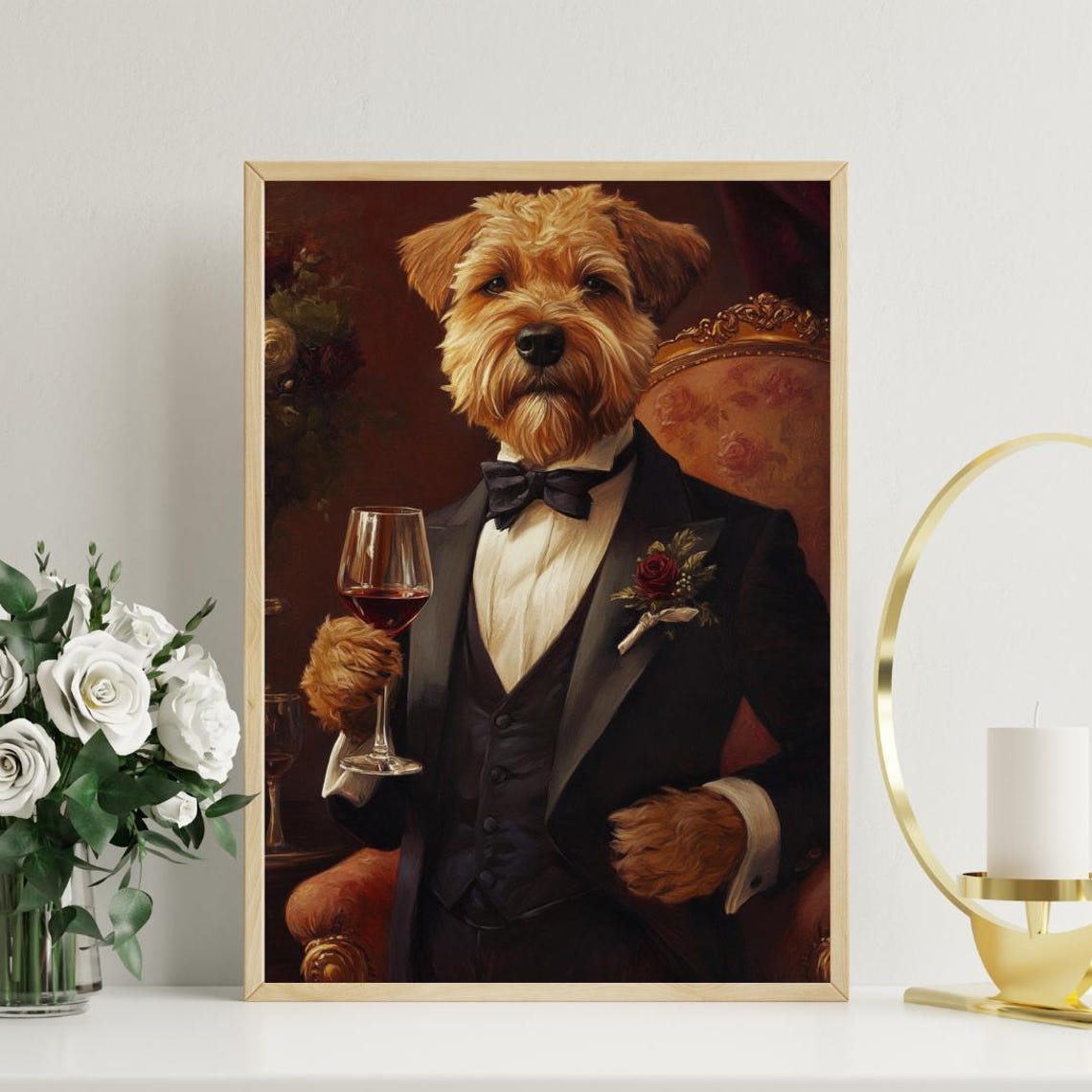 Soft Coated Wheaten Terrier In Tuxedo Holding Red Wine Portrait Poster - Image 3