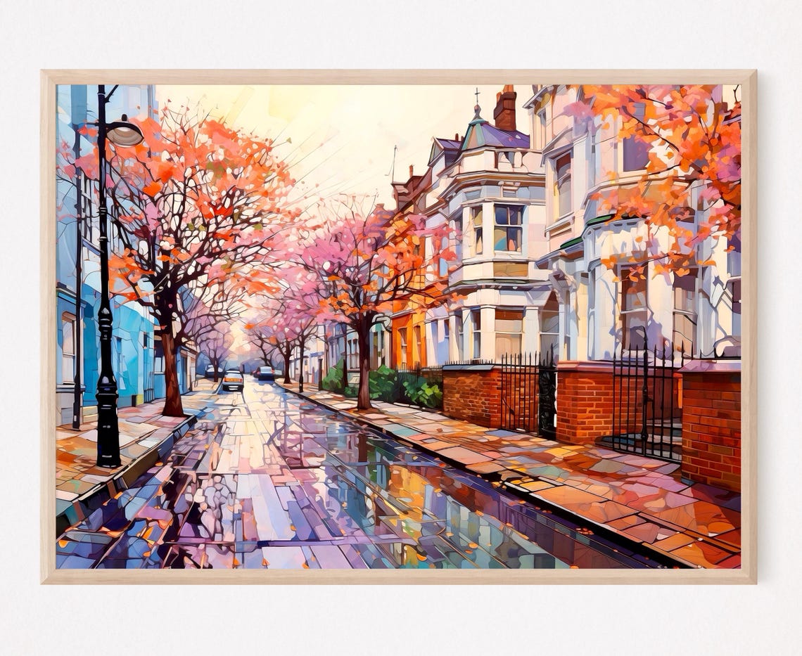 London Blossom Trees Rainy Street Painterly City Scene Poster