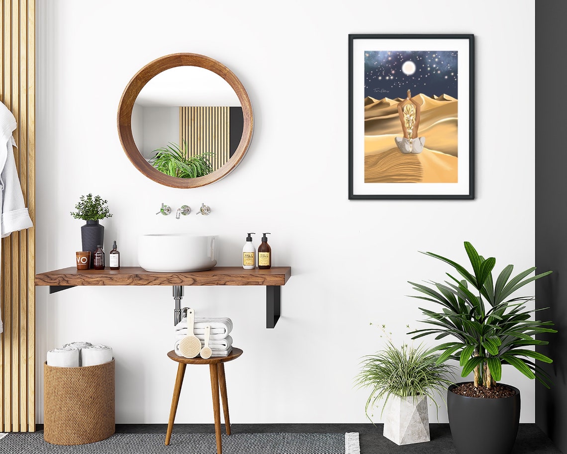 Woman Meditating On Desert Dunes Under Full Moon Night Poster - Image 2