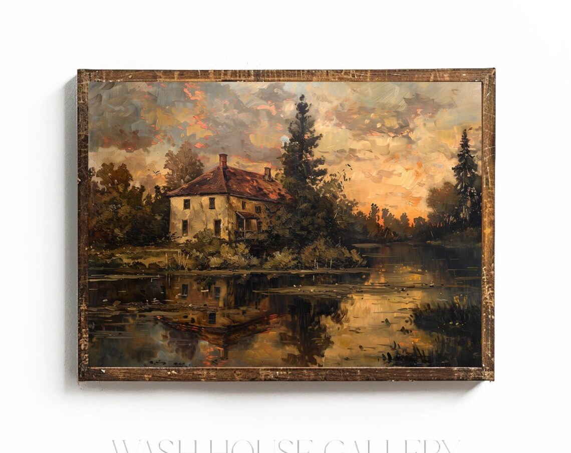 Antique Farmhouse By a Pond at Sunset Reflection Painting Poster
