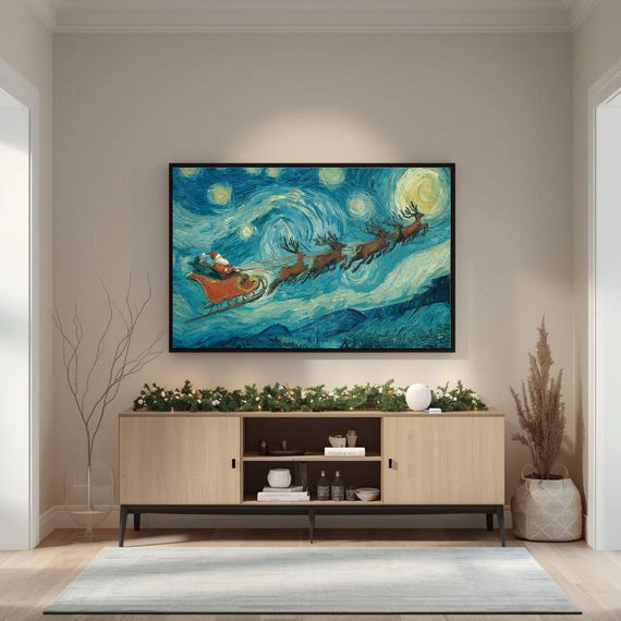 Starry Night Santa Sleigh Reindeer Night Sky Christmas Wall Art