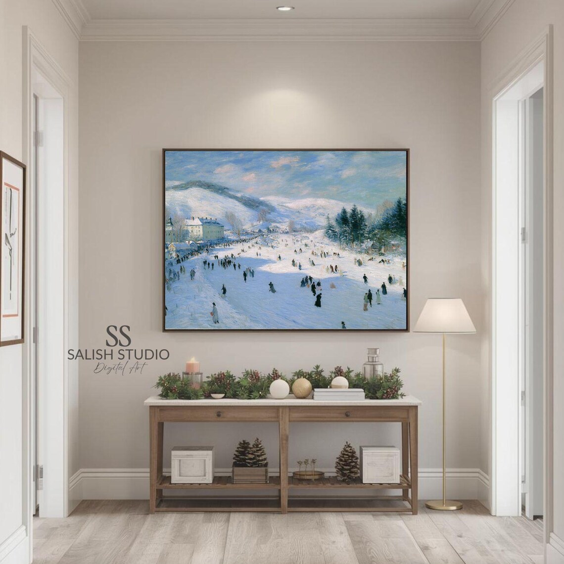 Vintage Winter Skating Scene Impressionist Festive Snowy Lake Poster