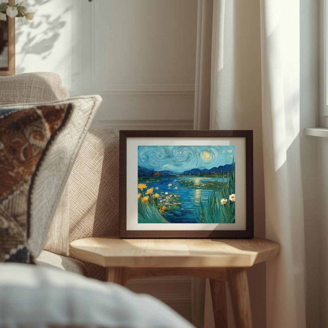 Moonlit Water Lilies Starry Night Pond Impressionist Art Poster