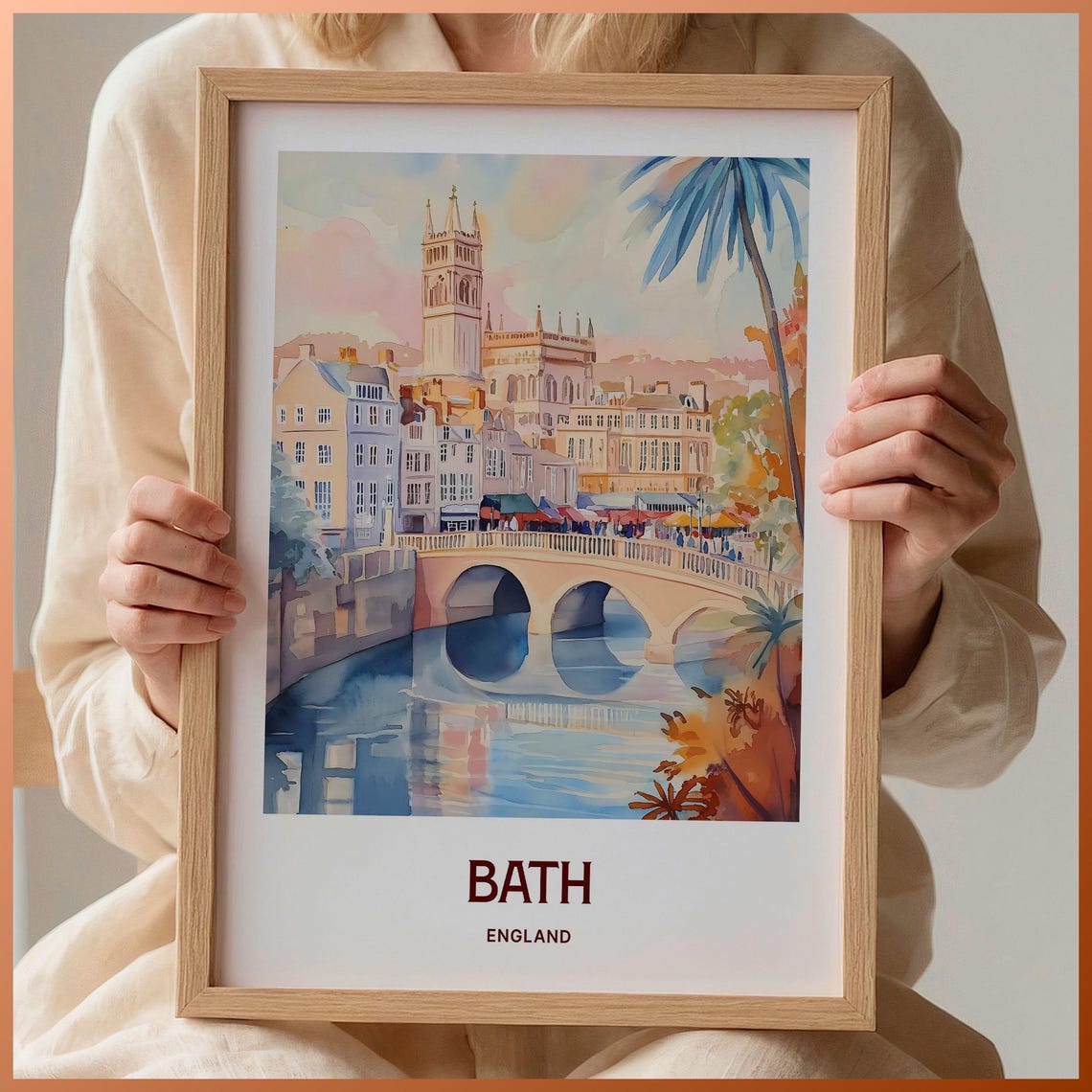 Bath England Abbey River Bridge Watercolor Historic City Travel Poster