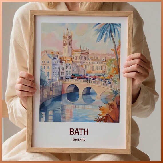Bath England Abbey River Bridge Watercolor Historic City Travel Poster