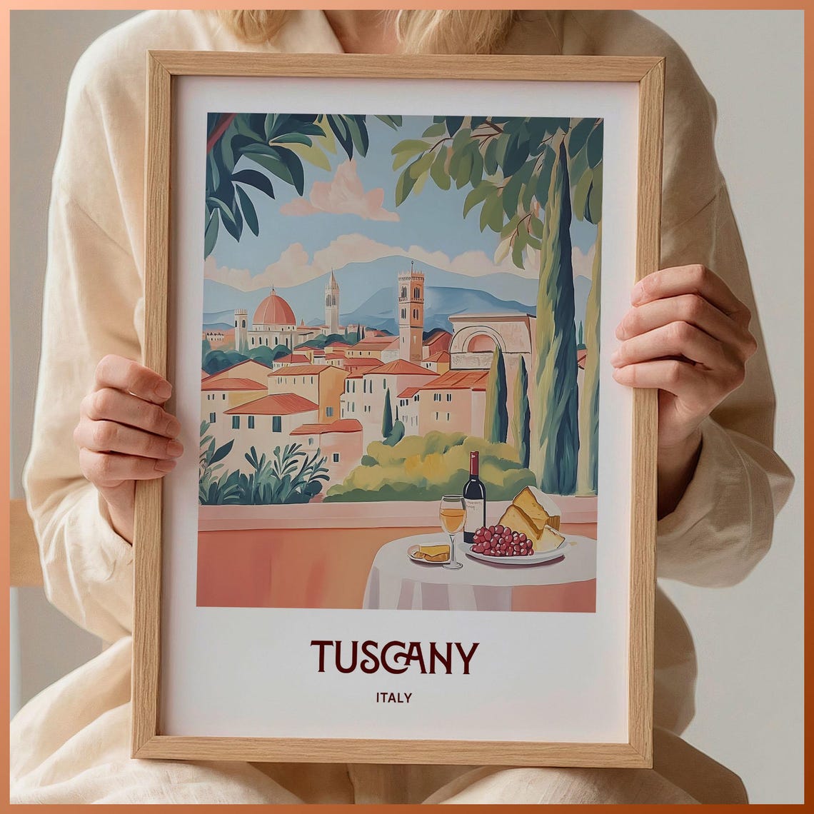 Tuscany Italy Tuscan Hill Town Wine and Cheese Table Art Poster