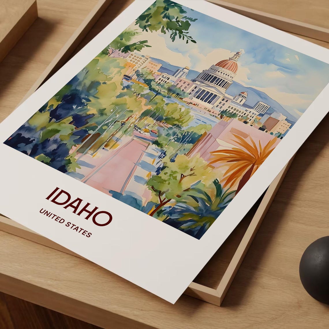 Idaho State Capitol Dome Tree Lined Watercolor Travel Poster - Image 2
