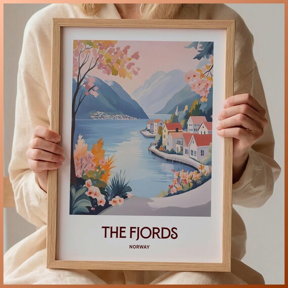 Norway Fjords Scenic Waterfront Village Mountain Fjord Art Poster