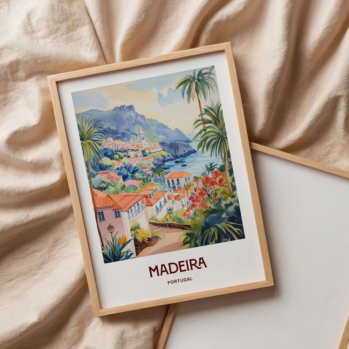 Madeira Portugal Coastal Town Cliffs Watercolor Travel Poster - Image 3