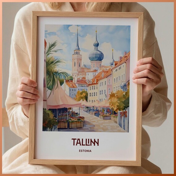 Tallinn Estonia Old Town Market Church Spires Watercolor Travel Poster
