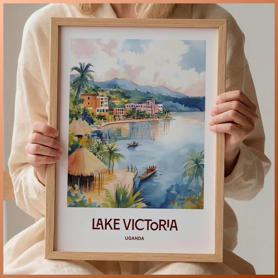 Lake Victoria Uganda Palm Shoreline Watercolor Travel Poster
