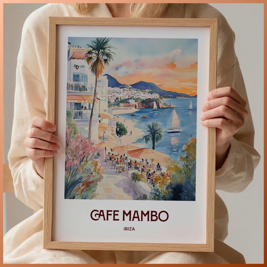 Cafe Mambo Ibiza Beach Sunset Sailboats Watercolor Party Travel Poster