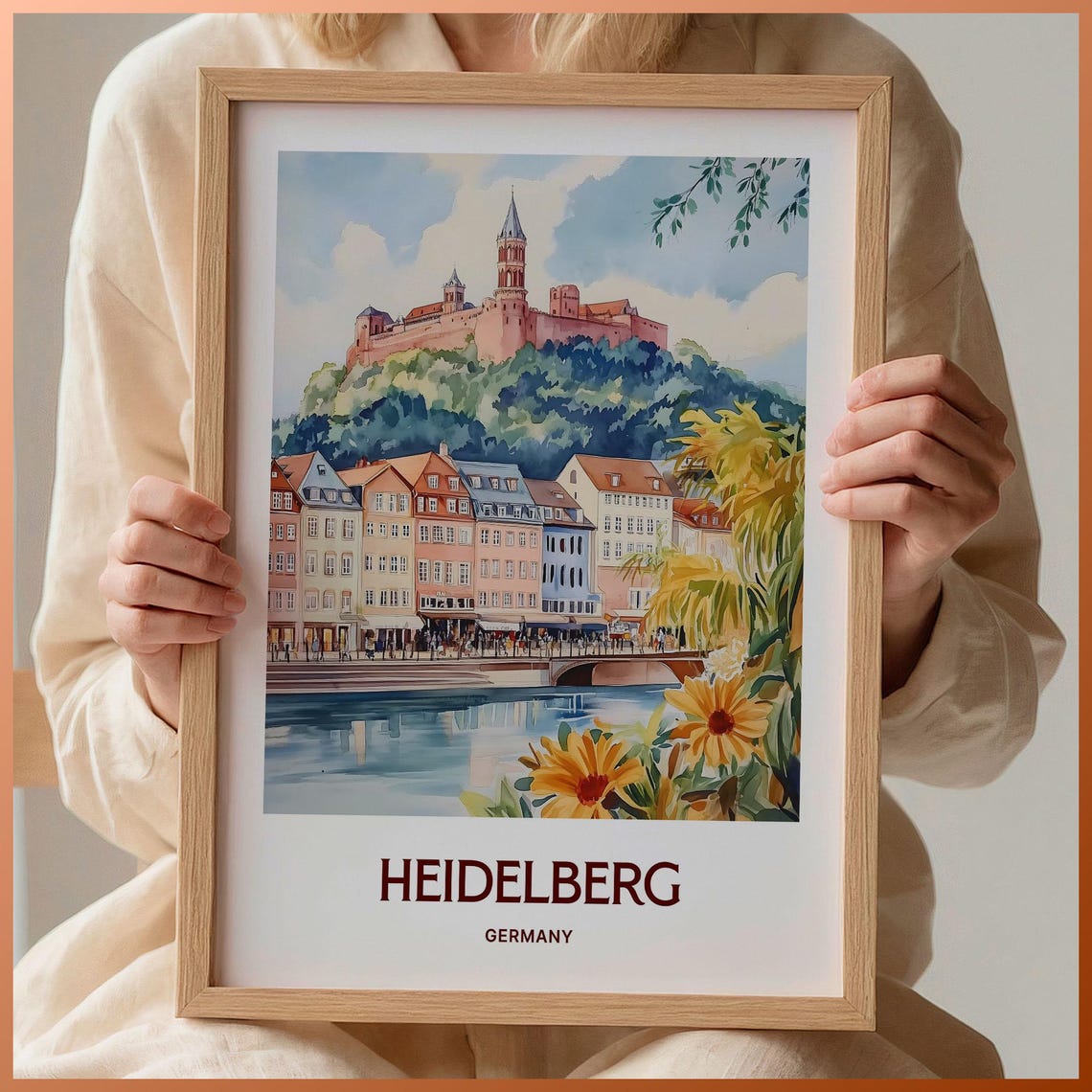 Heidelberg Germany Watercolor Castle Old Town Riverside Poster
