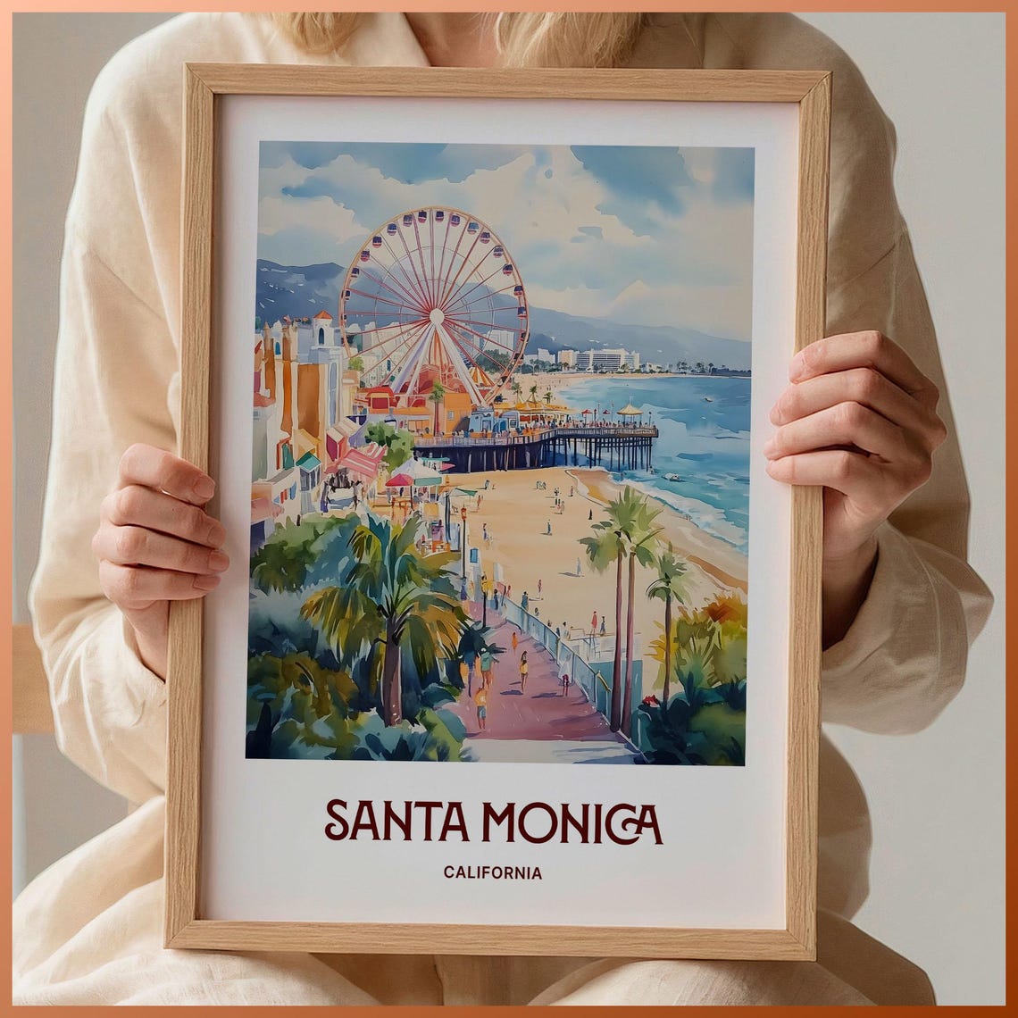 Santa Monica California Pier Ferris Wheel Watercolor Beach Poster