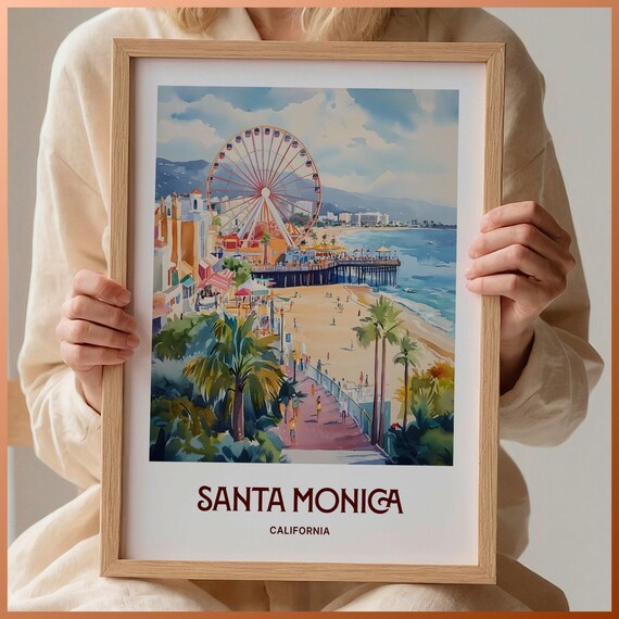 Santa Monica California Pier Ferris Wheel Watercolor Beach Poster