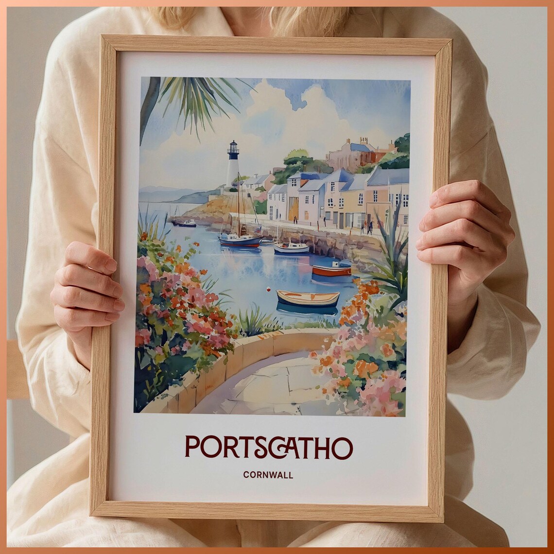 Portscatho Cornwall Harbor Lighthouse Watercolor Travel Poster