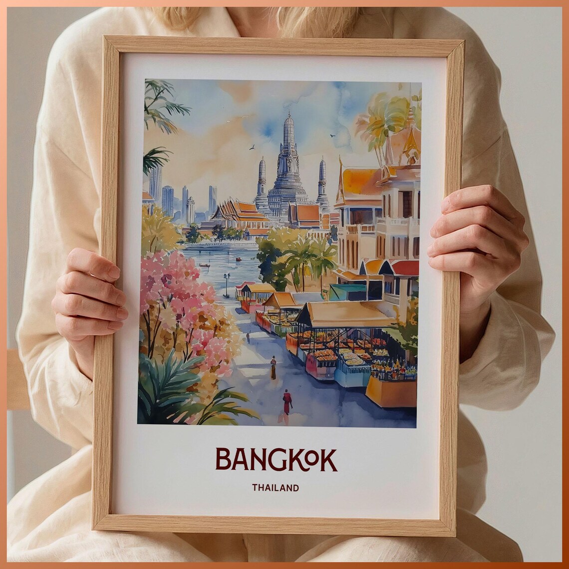 Bangkok Thailand Wat Arun Riverside Market Watercolor Travel Poster