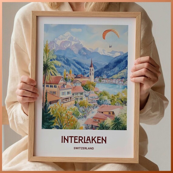 Interlaken Switzerland Alpine Lake Paraglider Watercolor Travel Poster