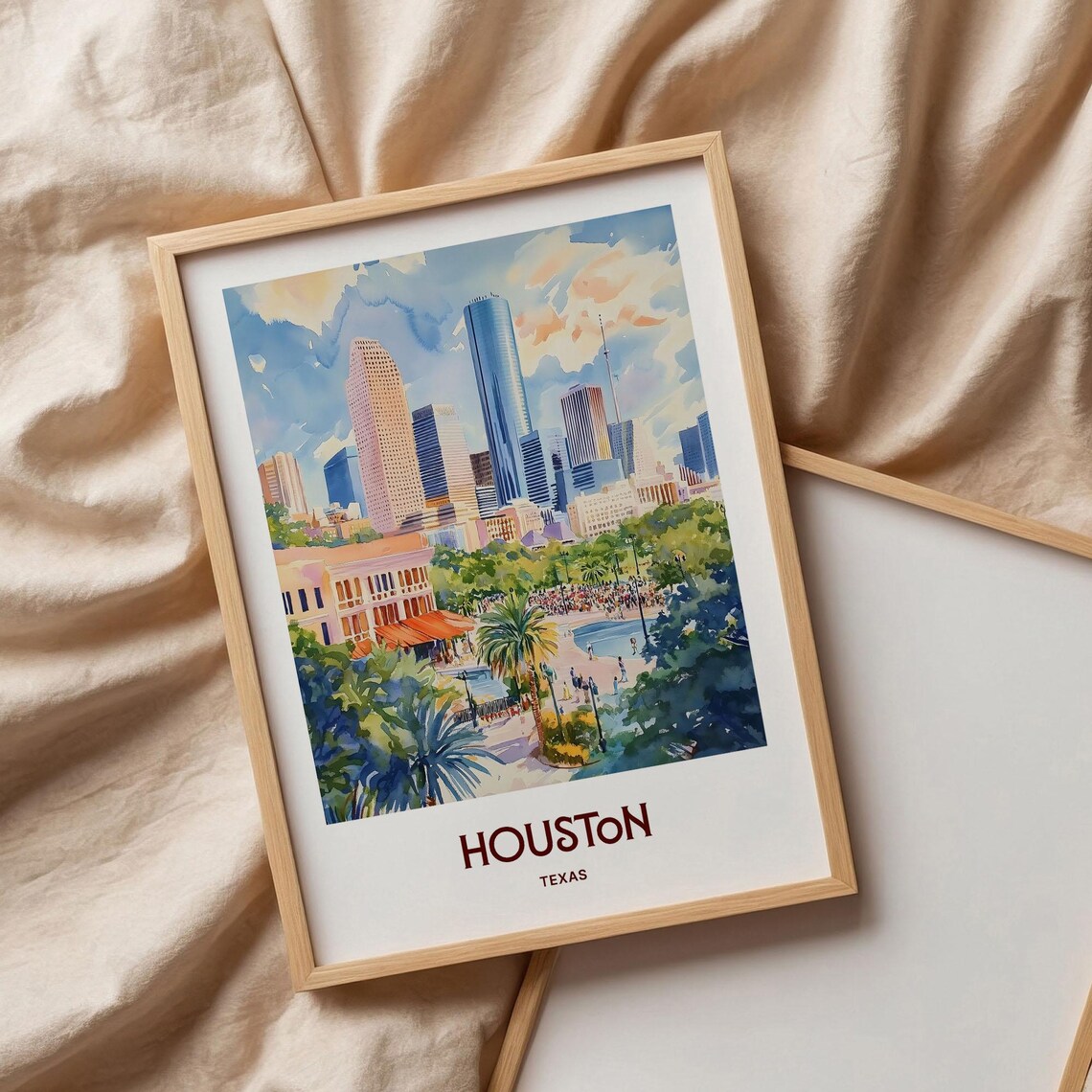 Houston Texas Watercolor Downtown Skyline Park Fountain City Art Poster - Image 3