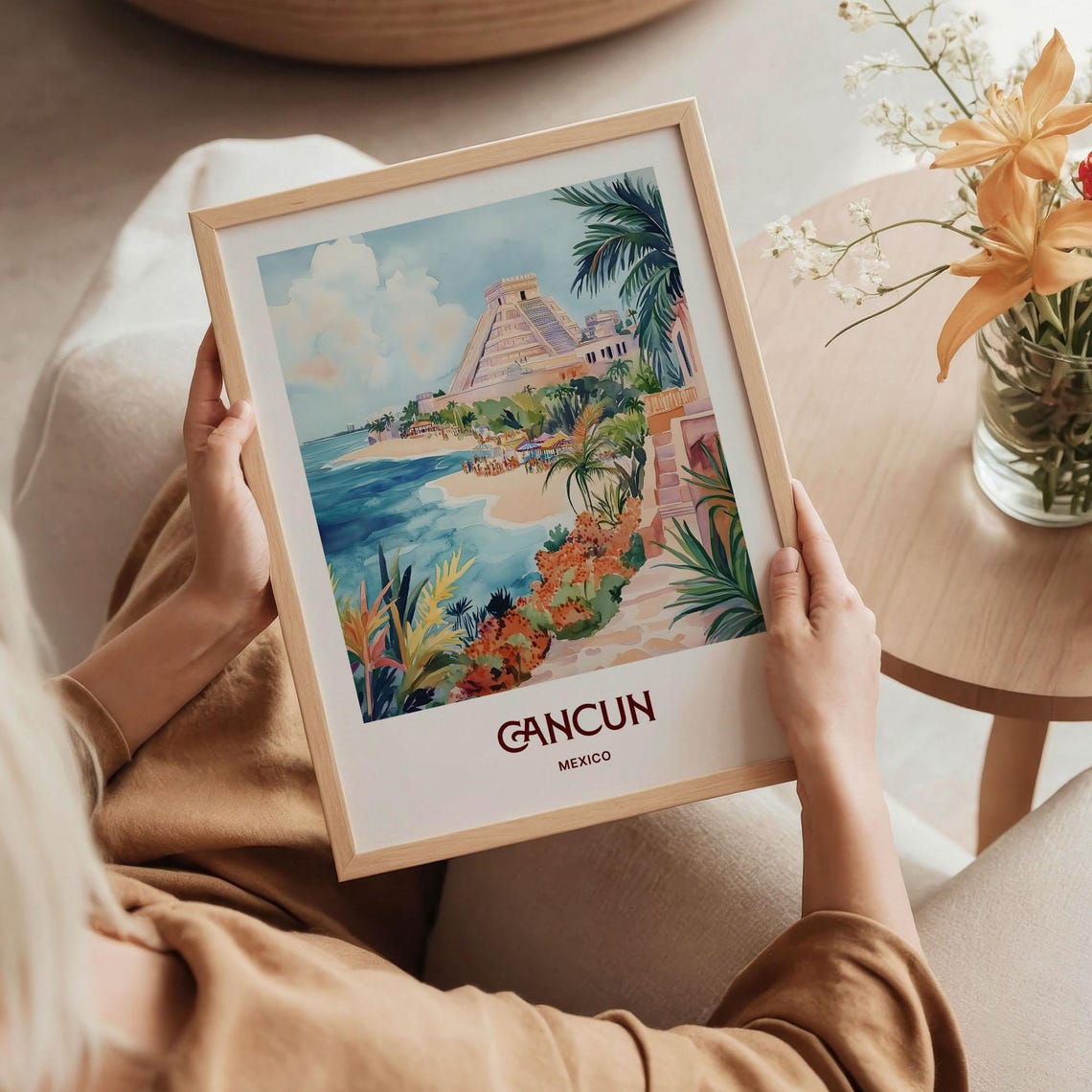 Cancun Mexico Beach Mayan Pyramid Palms Watercolor Travel Poster - Image 5
