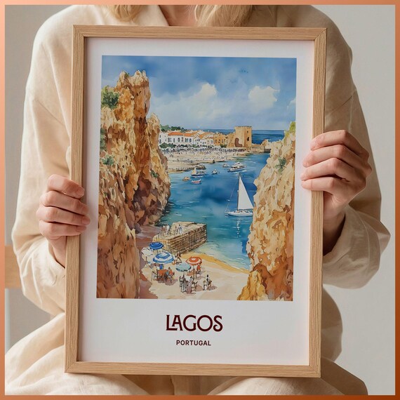 Lagos Portugal Golden Cliffs Sea Arch Boats Watercolor Travel Poster
